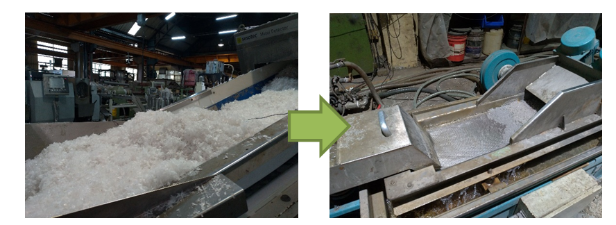 Site reality (left image shows recycled scraps; right image shows pellet production)