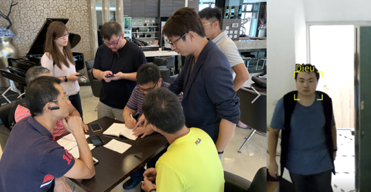 Qizhuo Technology solution implementation, left shows discussions with venue staff about installation details, right shows the detection screen